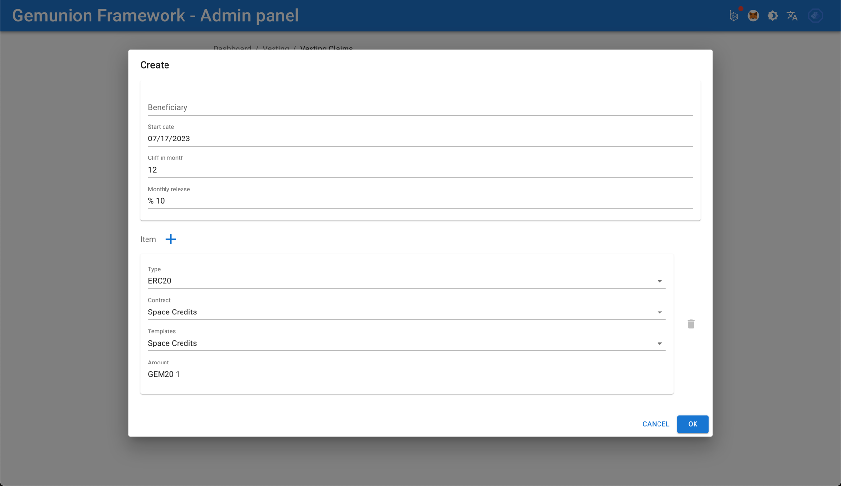 vesting claim create dialog