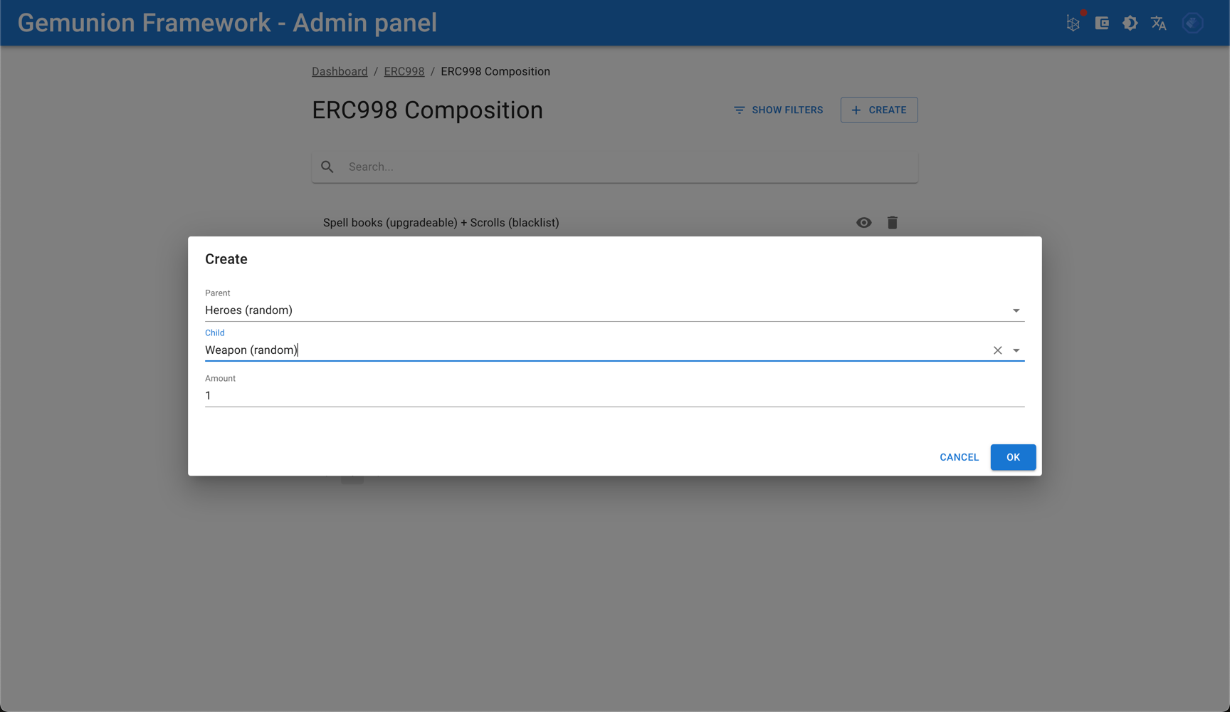 ERC998 composition create dialog