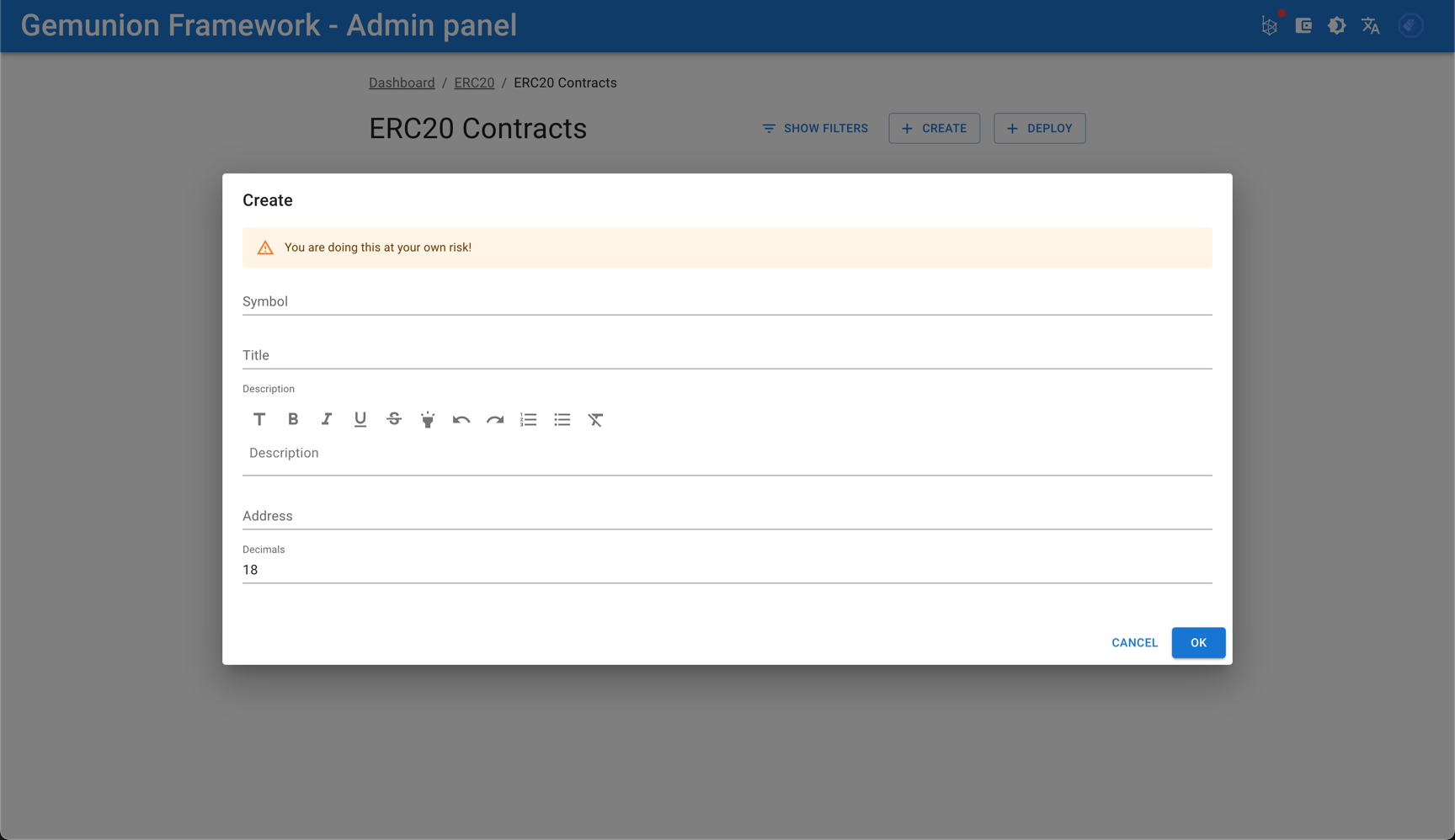 ERC20 contract create dialog