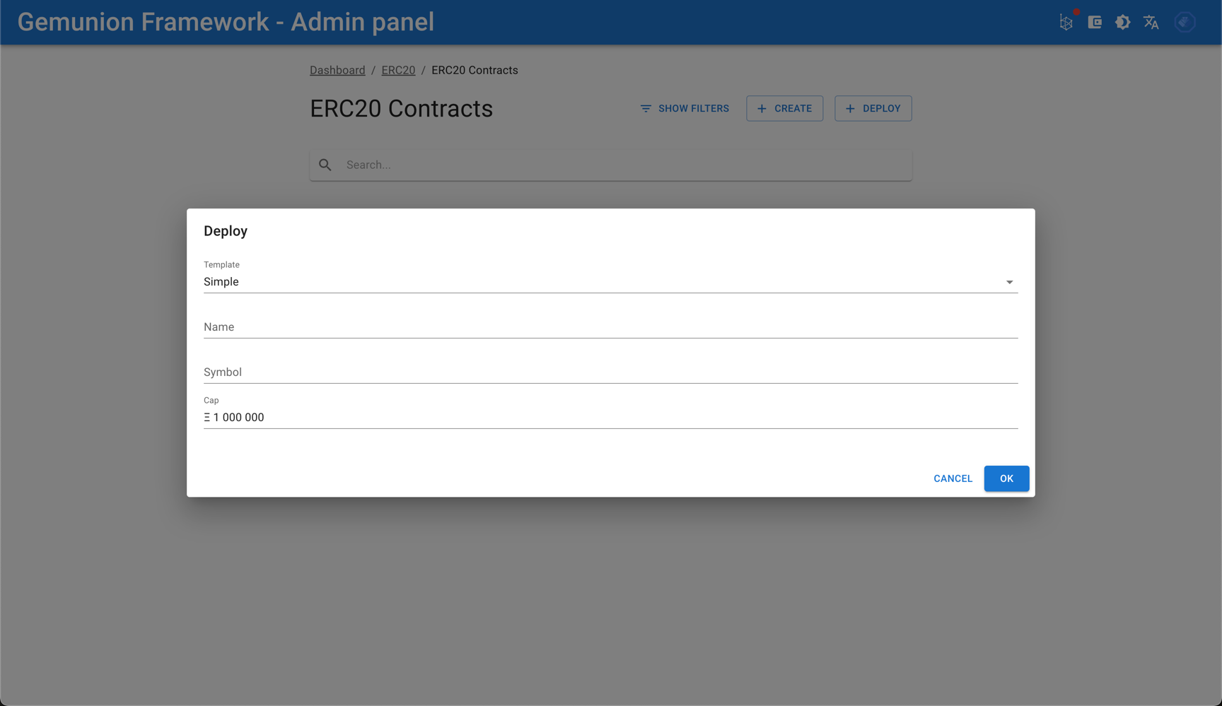 ERC20 contract deploy dialog