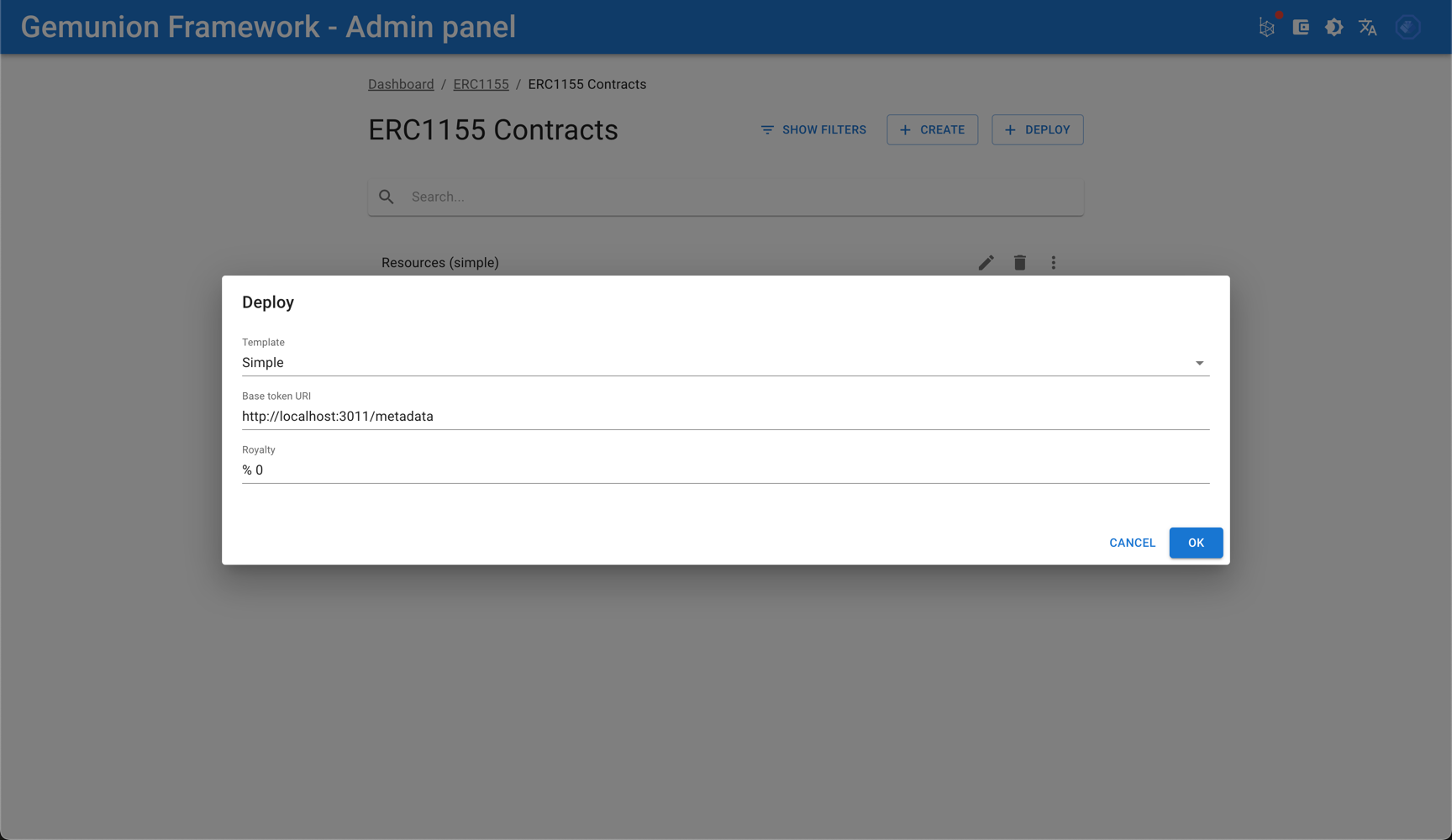 ERC1155 contract deploy dialog