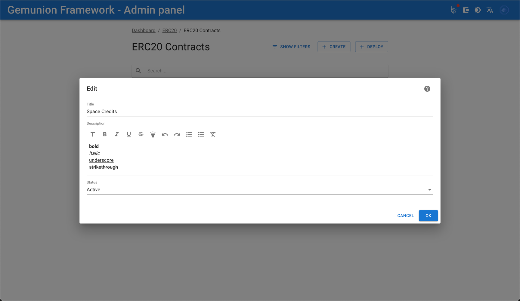 ERC20 contract edit dialog