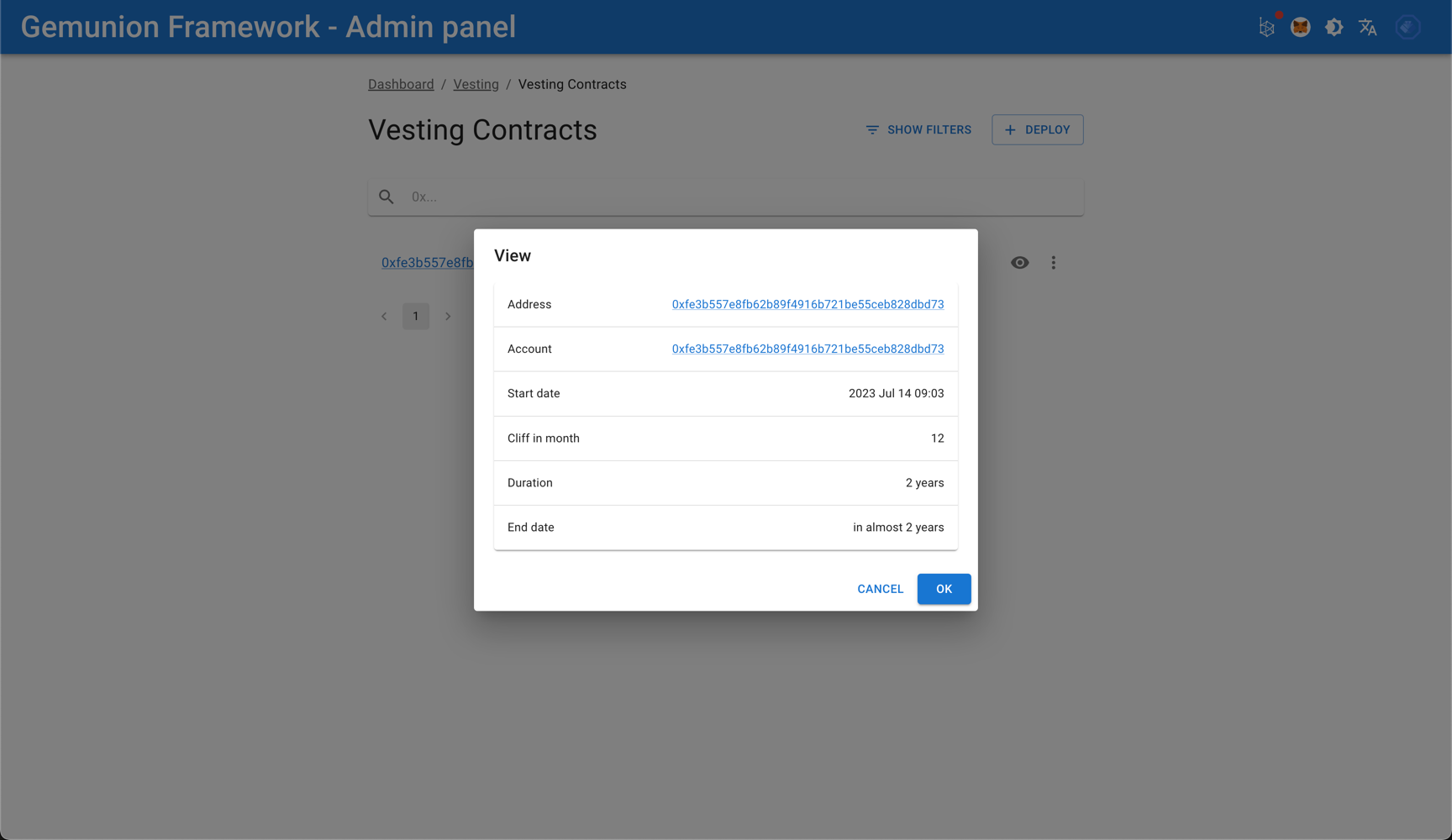 vesting contract view dialog