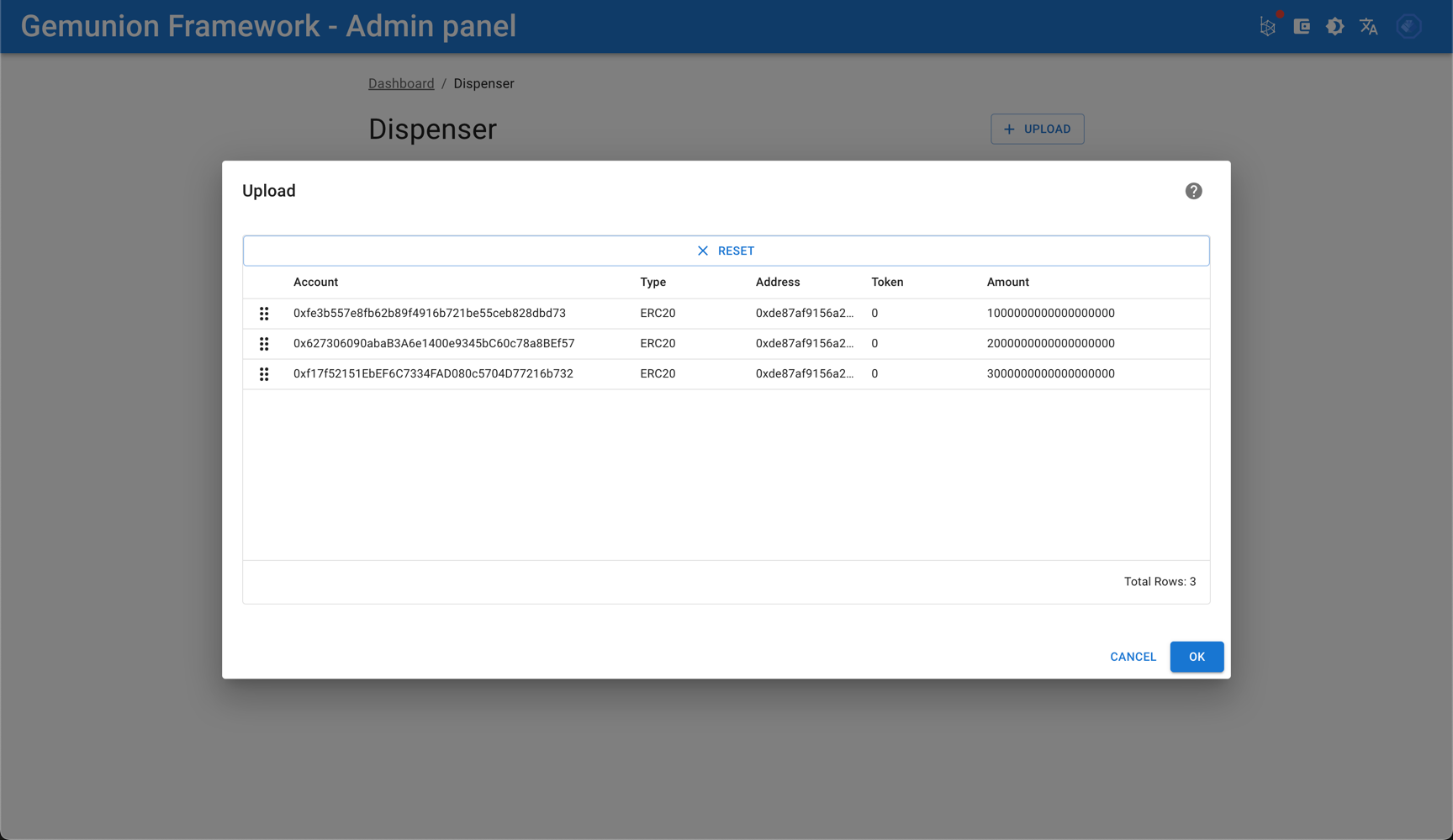 Dispenser upload dialog