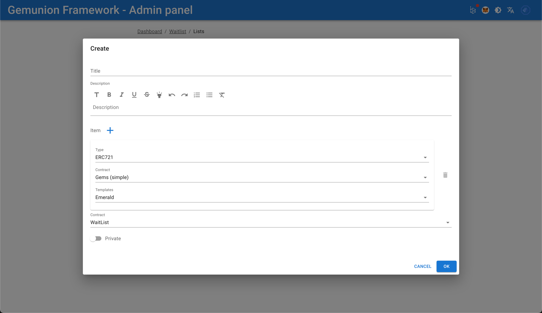 waitlist list create dialog