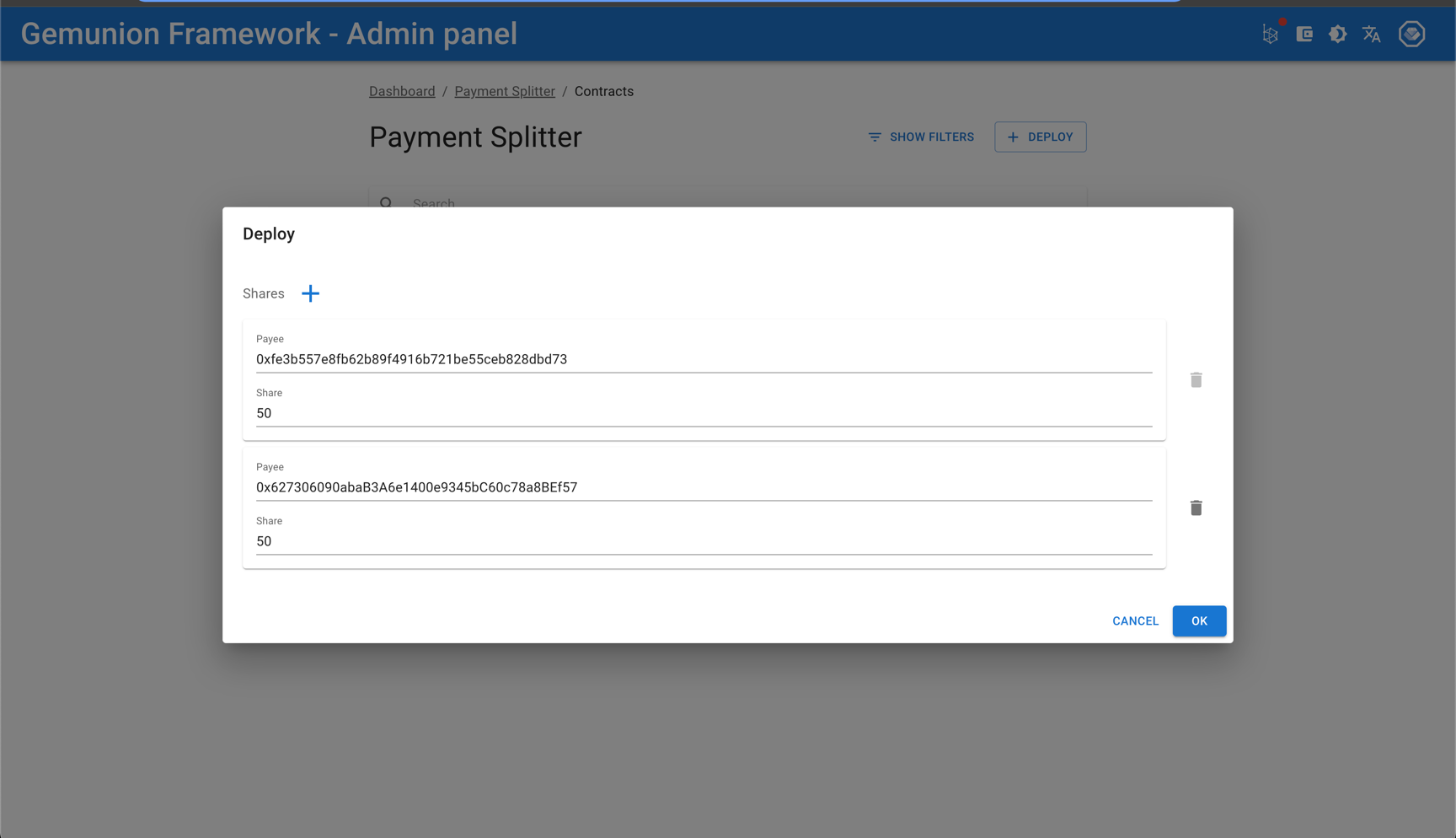 Payment splitter deploy dialog