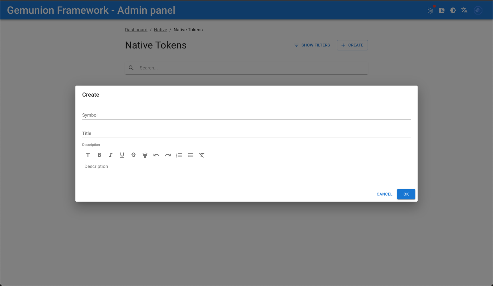 NATIVE token create dialog