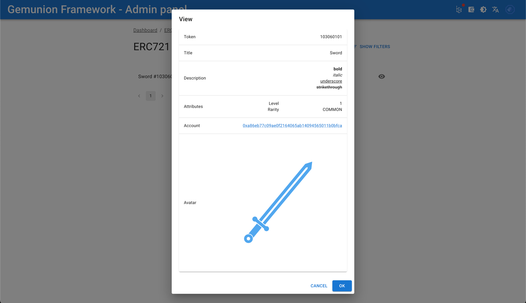 ERC721 token view dialog